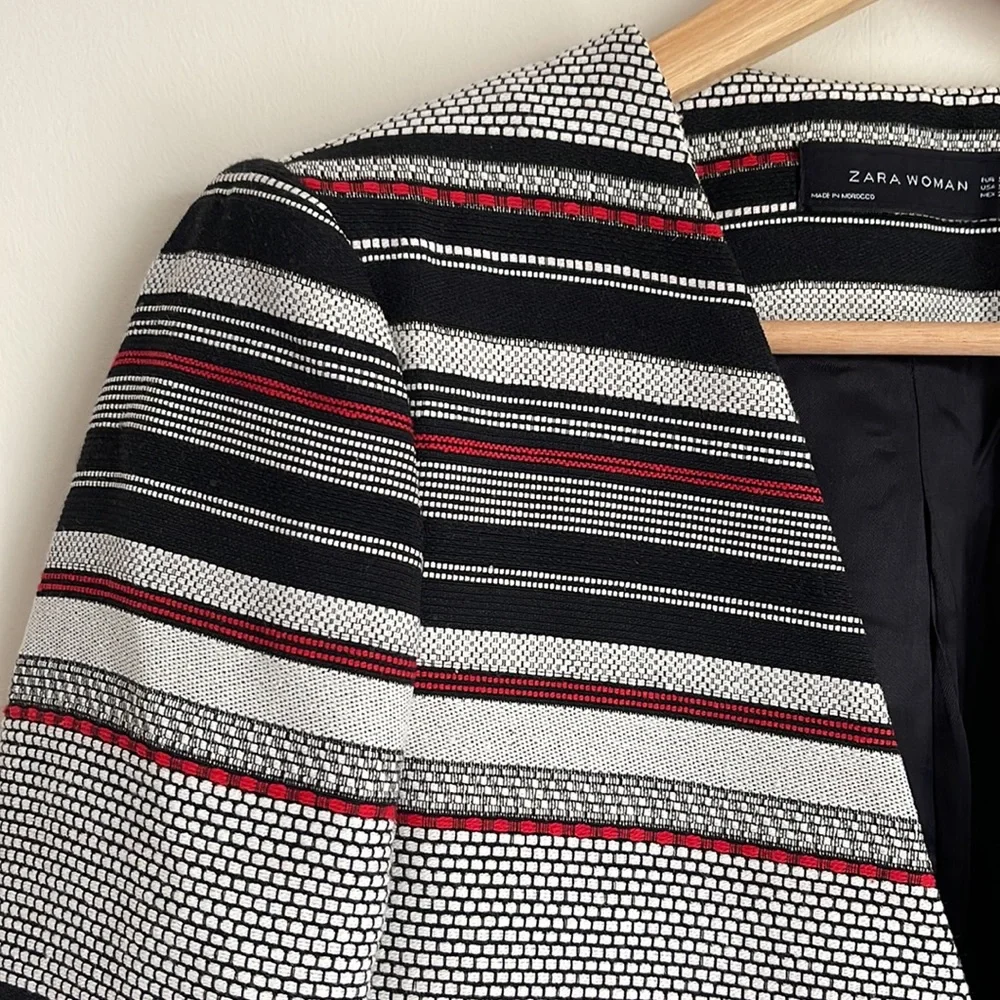 ZARA | Black white red collarless structured jacket - Picture 2 of 9